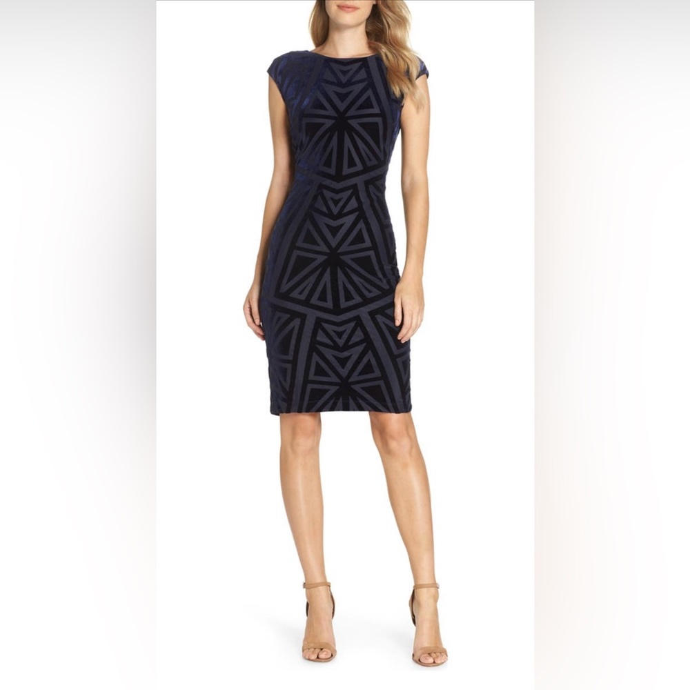 Vince Camuto Velvet Jacquard Sheath Navy Blue Size 6